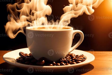 Coffee cup with steam on wooden table and black background. 22802217 ...