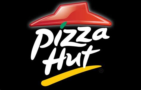 the pizza hut logo is shown in white and yellow letters on a black ...