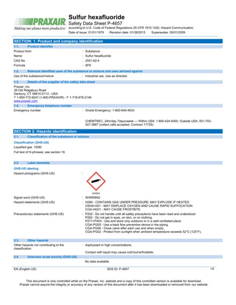 Sulfur Hexafluoride SF6 Safety Data Sheet SDS P4657