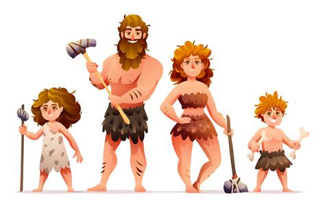 Primitive people characters. Prehistoric stone age caveman family ...