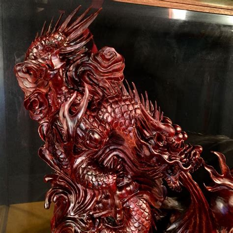 HAND CARVED CHINESE WOODEN DRAGON SCULPTURE WITH DISPLAY CASE, 28'' L X ...