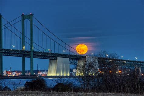 Delaware Memorial Bridge from Delaware River shoreline, USA