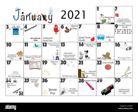 January monthly calendar illustrated and annotated with daily Quirky ...