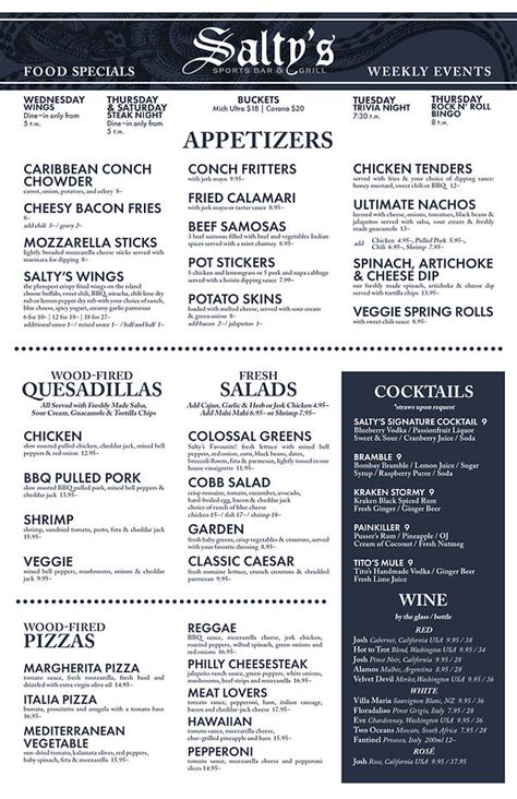 Salty's Menu | Our House Cayman