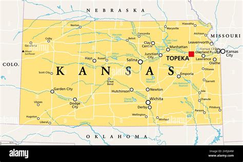 Kansas, KS, political map with capital Topeka, important rivers and ...