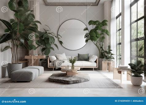 Modern Living Room with Minimalist Decor and Large Indoor Plants Stock ...