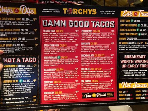 Menu at Torchy's Tacos restaurant, Rogers