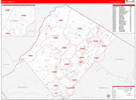 Sussex County, NJ Zip Code Wall Map Red Line Style by MarketMAPS - MapSales