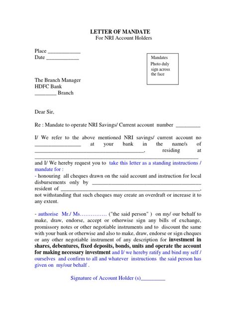 Mandate Letter Form | Negotiable Instrument | Transaction Account