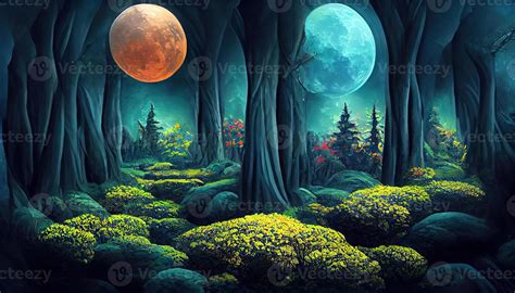 Bright full moon in dark fairy tale forest as wallpaper design ...