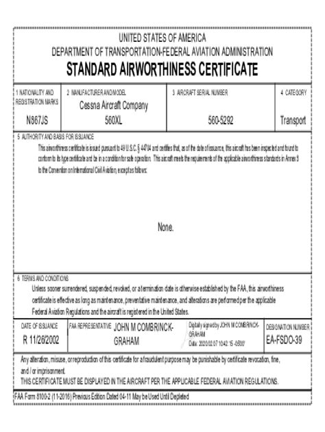 FAA Form 8100-2 Standard Airworthiness Certificate. FAA Form 8100-2 ...