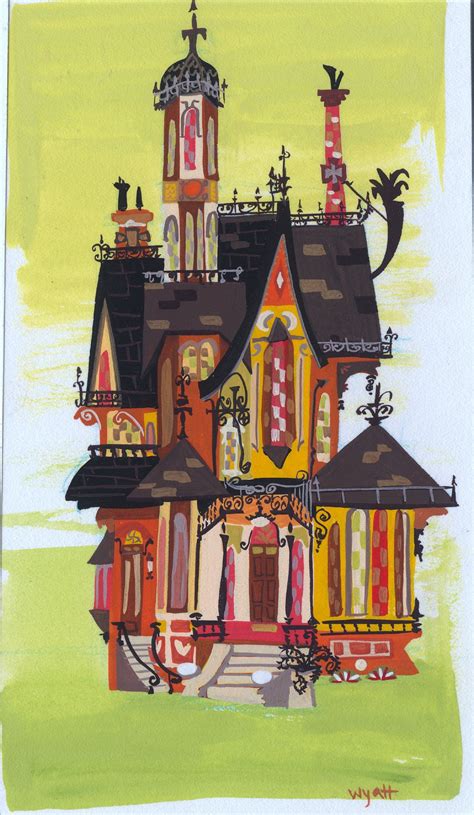 a painting of a house with lots of windows and towers on the top of it