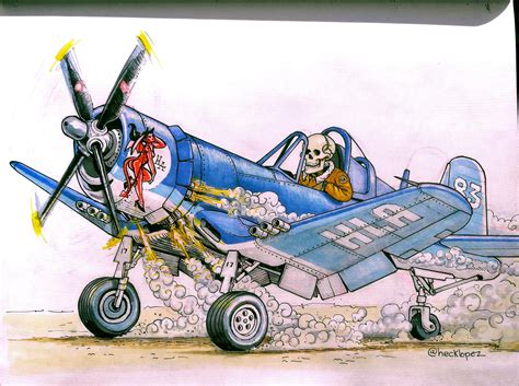 Drawing of a F4U Corsair piloted by a sketeleton