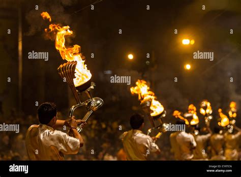 India, Uttar Pradesh, Priests celebrating River Ganges Aarti Stock ...