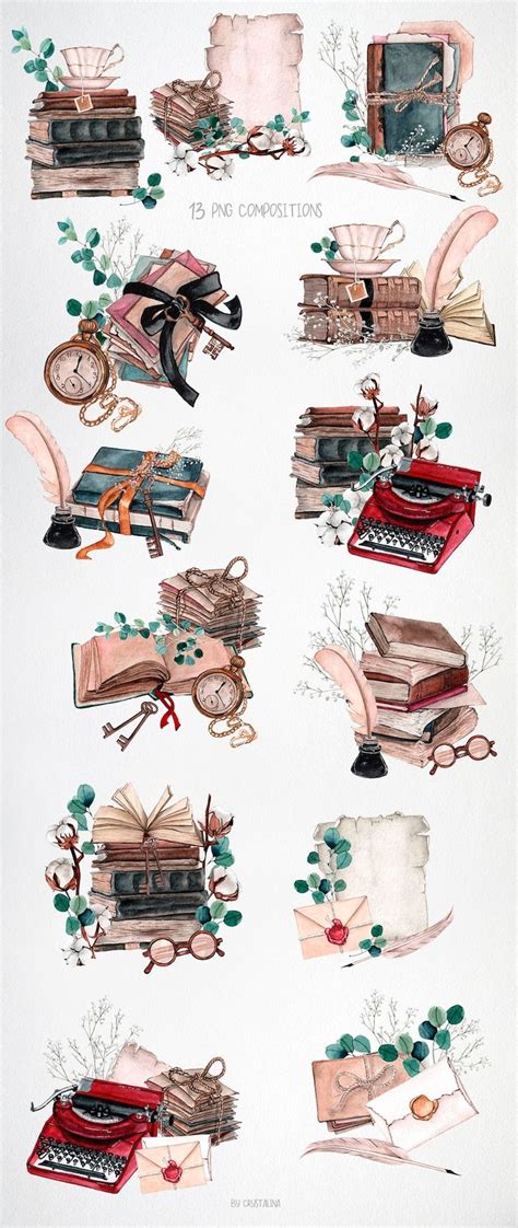 Watercolor Vintage Books Library Clipart. Vintage Art Library ...