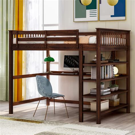 Buy Merax Full Size Loft Bed with Desk and Storage Book Shelves, Wooden ...