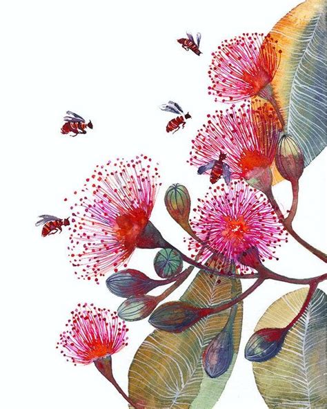 Pink Flowering Gum Flowers and Bees Popular Nature Art - Etsy | Flower ...