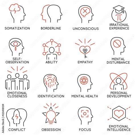 Vector set of 16 modern thin line icons related to mental features of ...