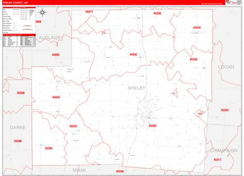 Shelby County, OH Zip Code Wall Map Red Line Style by MarketMAPS - MapSales