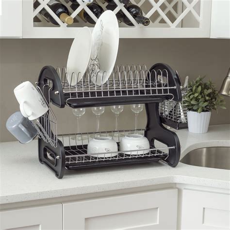 Home Basics 2 Tier Plastic Dish Drainer, Black - Walmart.com