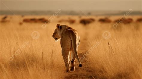 Lion Is Walking On A Grassy Plain In The Distance Background, Back View ...