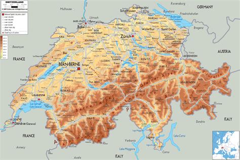 Large physical map of Switzerland with roads, cities and airports ...