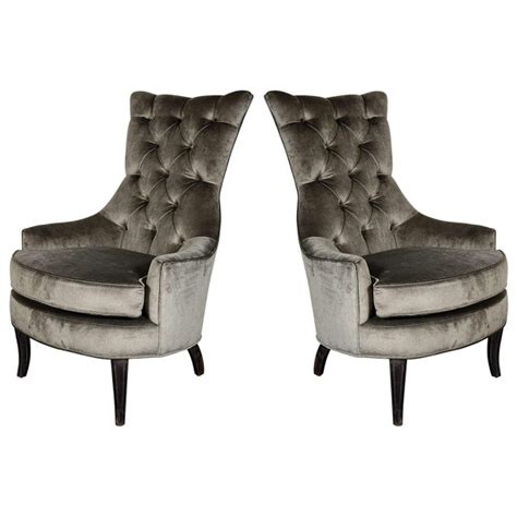 Mid-Century Modern Tufted High-Back Chairs in Smoked Platinum Velvet ...