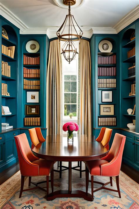 a dining room with bookshelves and a table in the center surrounded by ...