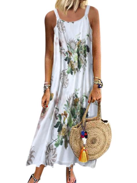 Women's Boho Summer Strappy Plus Size Floral Kaftan Long Dress Beach ...