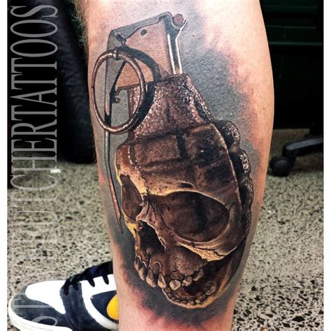 Grenade Skull Tattoo on Calf - Best Tattoo Ideas Gallery