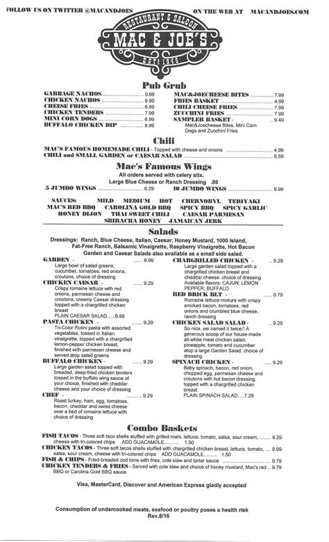 Menu | Mac and Joe's | Oxford OH