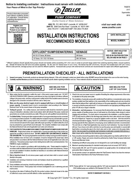 ZOELLER 98 SERIES INSTALLATION INSTRUCTIONS MANUAL Pdf Download ...