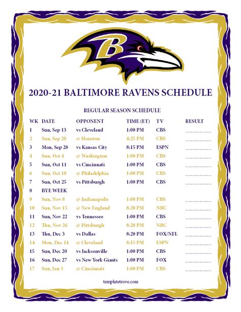 Printable 2020-2021 Baltimore Ravens Schedule