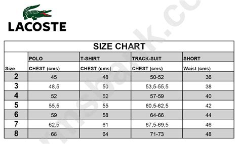 Lacoste Size Chart printable pdf download