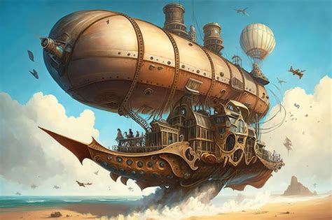 A steampunk airship flying over the ocean. | Premium AI-generated image