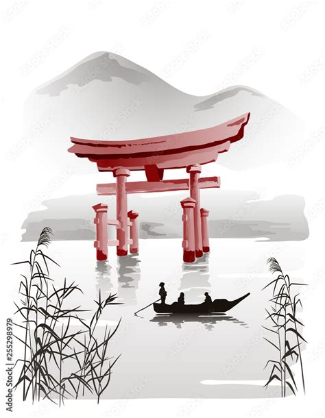 Floating Torii Gate vector drawing in traditional Japanese style sumi-e ...