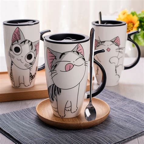 Tazas de cerámica de estilo gato lindo con tapa y cuchara de dibujos ...