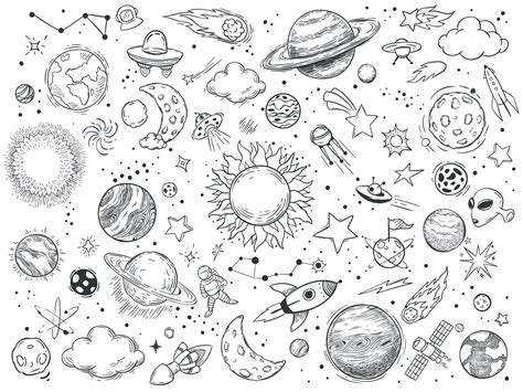 Space doodle. Astrology doodles, sketch space universe planets and hand ...