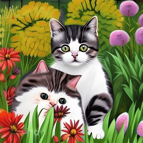 Adorable Cats Garden Painting Illustration · Creative Fabrica