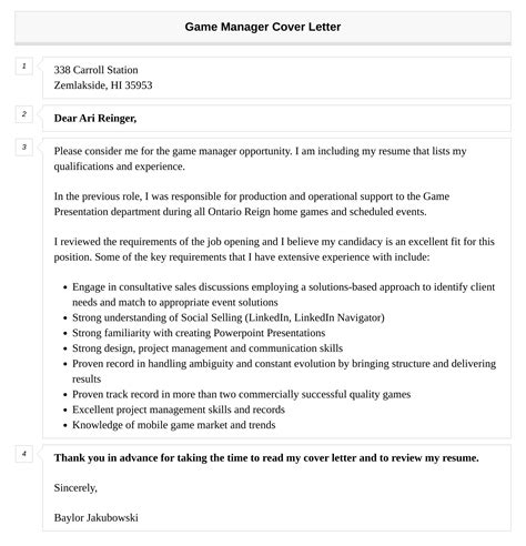 Game Manager Cover Letter | Velvet Jobs