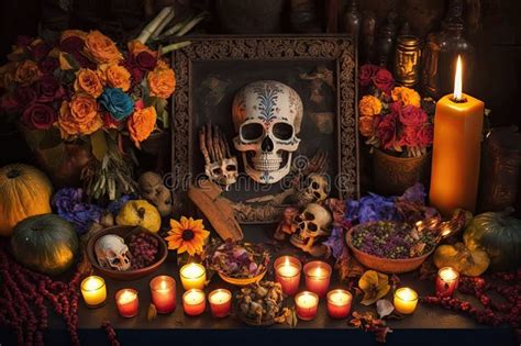 Day of the Dead Altar, Adorned with Candles, Flowers and Offerings for ...