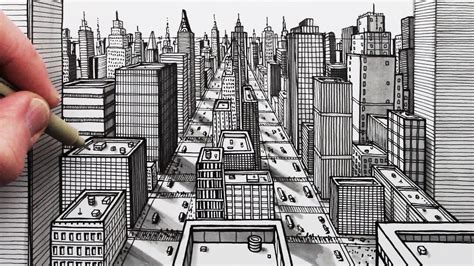 How to Draw a City using 1-Point Perspective: Pen Drawing