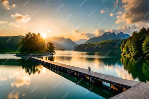 Premium AI Image | a sunset with a dock and a lake in the background