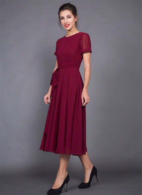 Short Sleeve Maroon Chiffon Midi Dress with Sash - Tea Length Chiffon ...