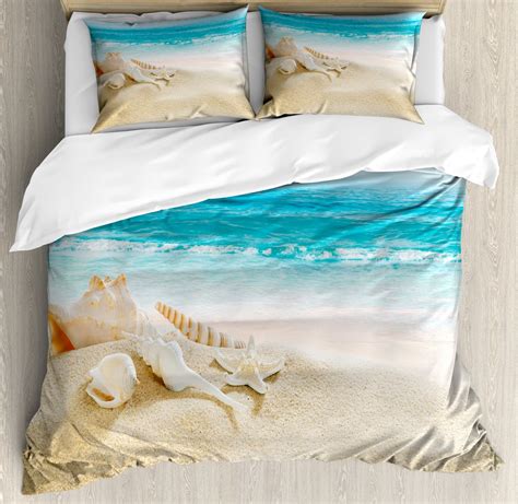 Seashells Duvet Cover Set, Pastel Toned Beach Scene with Sand and Waves ...