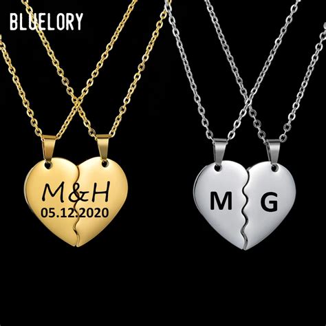 Bluelory 1 Pair Engrave Date Names Heart Women Couple Necklace ...