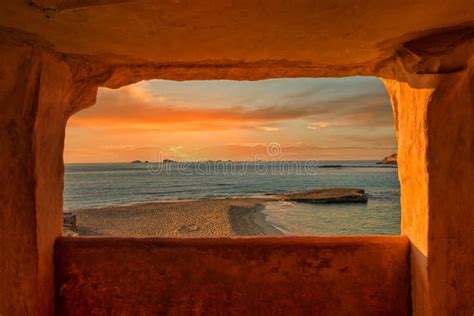 Window To Cala Comte De Ibiza at Sunset Stock Image - Image of sunset ...