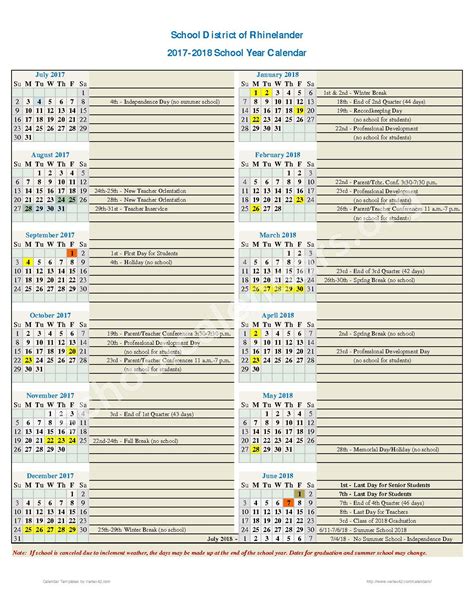 Rhinelander School District Calendars – Rhinelander, WI