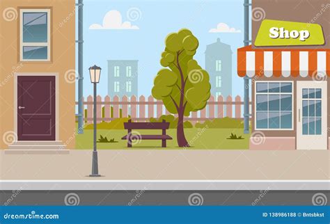 Cute Cartoon Town Street with a Shop, Tree, Bench, Fence, Street Lamp ...