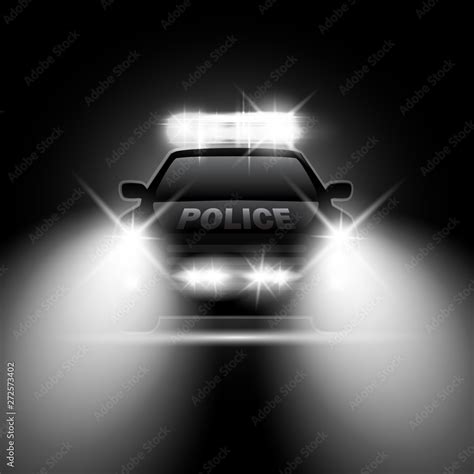 Police car with headlights flares and siren at the night road. Special ...